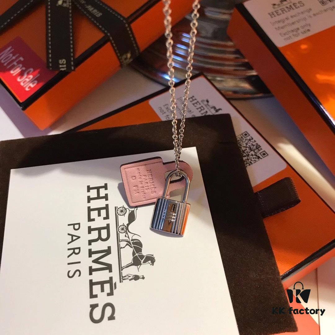 Hermès New Leather Lock Necklace in Rose Gold & White Gold