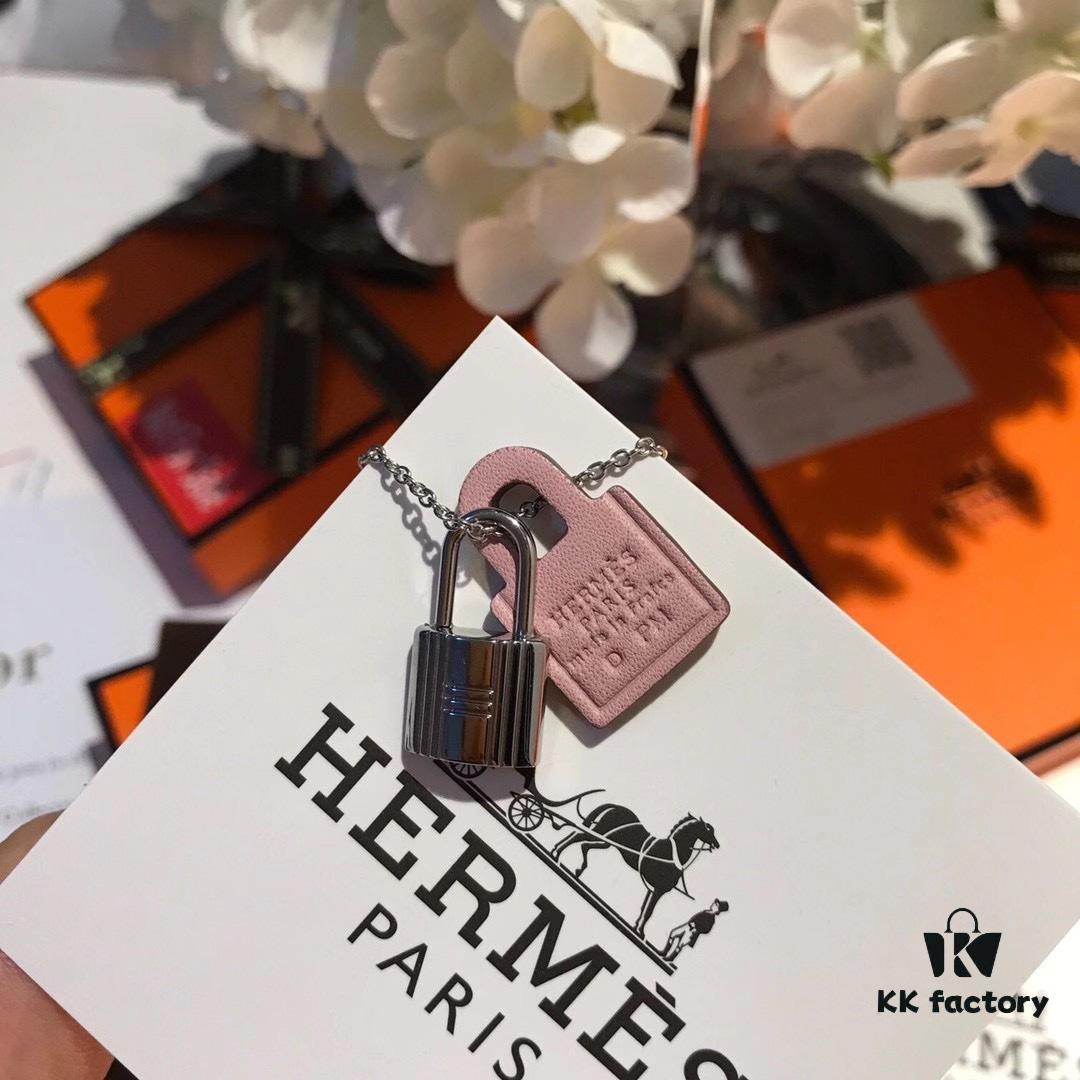 Hermès New Leather Lock Necklace in Rose Gold & White Gold