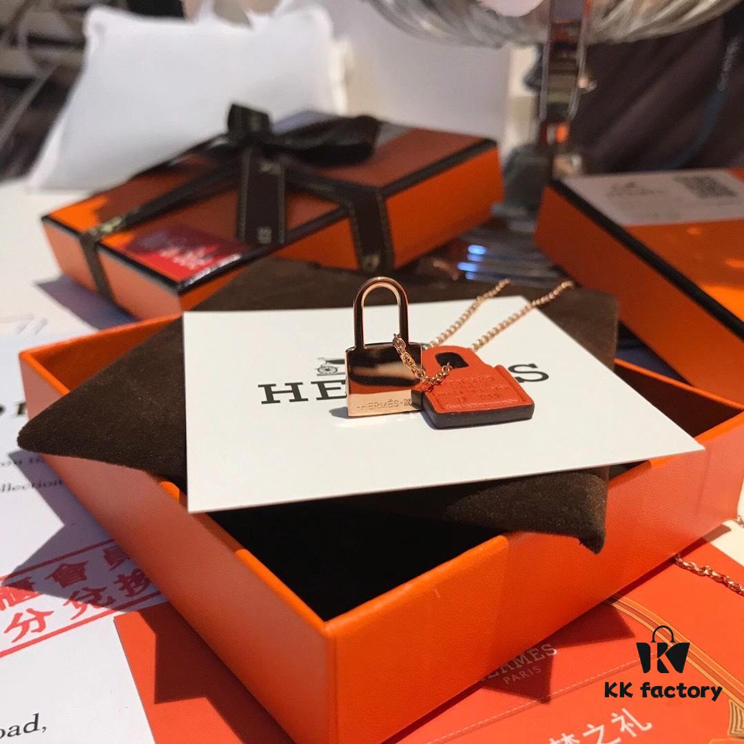 Hermès New Leather Lock Necklace in Rose Gold & White Gold