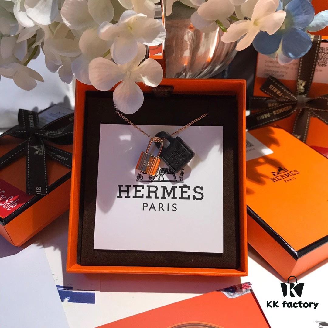 Hermès New Leather Lock Necklace in Rose Gold & White Gold