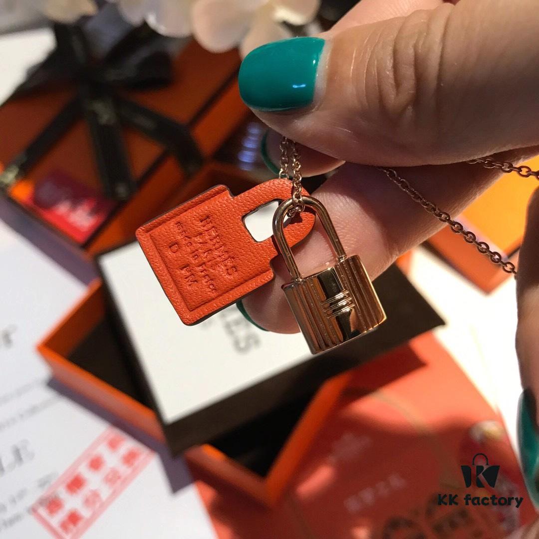 Hermès New Leather Lock Necklace in Rose Gold & White Gold