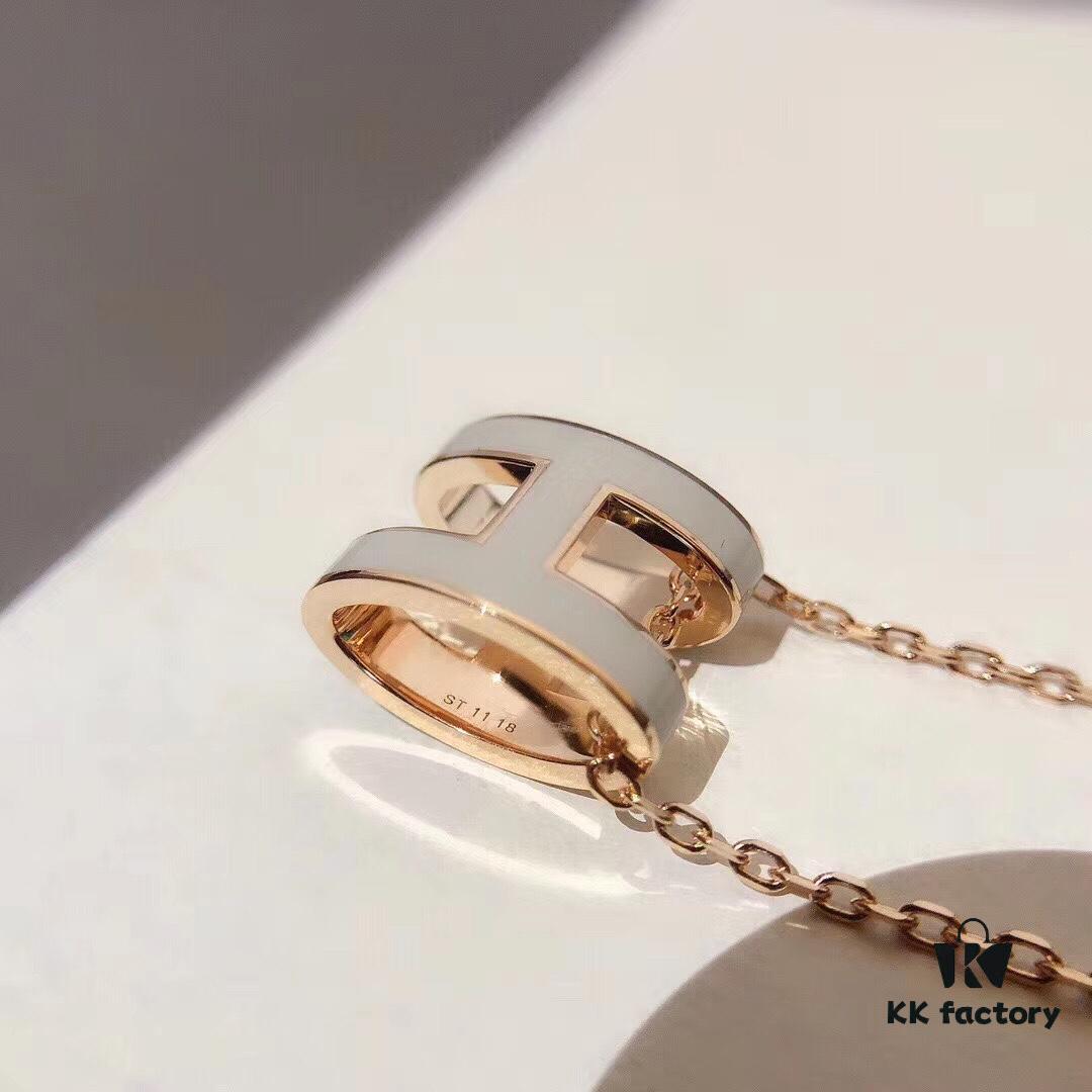 Hermes Pop H Enamel Necklace in Rose Gold with Milk Tea Gray