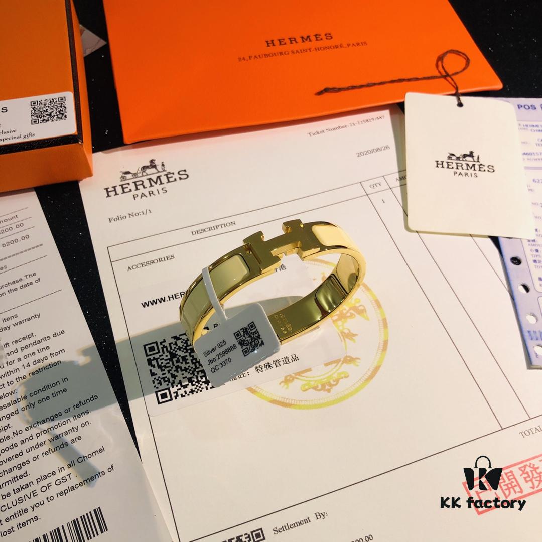 692fc97899f2d84055c8911f Hermès High-Replica Enamel 'Clic H' Bracelet in Rose Gold – Complete Set with Stickers, Tags, and Receipt – Classic Couple's Style, Sizes 17 & 19