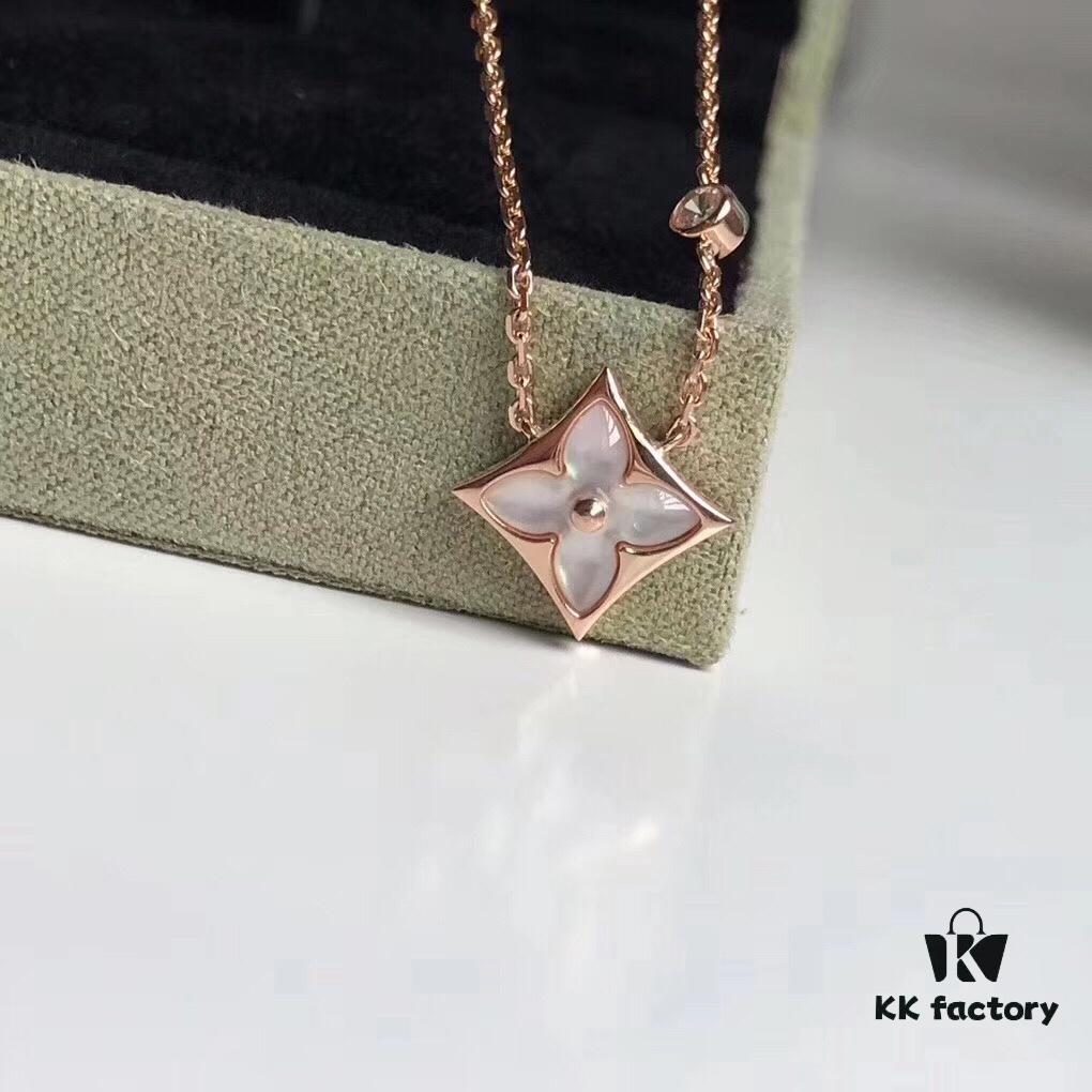 692fcc5e99f2d84055c8962c Sterling Silver 18K Gold Plated Rose Gold Pink Mother of Pearl Diamond Necklace Inspired by LV Diamond Flower Design