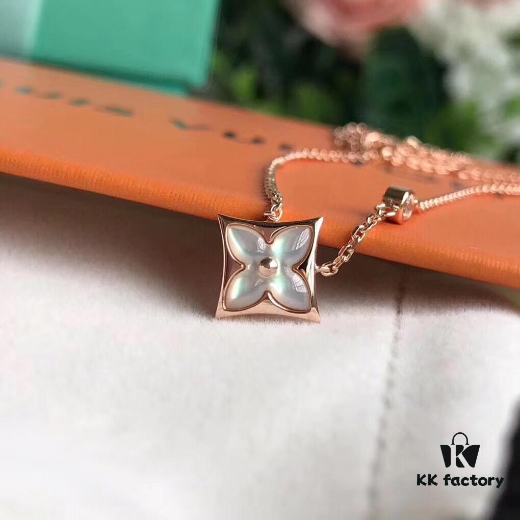 692fcc5f99f2d84055c8962f Sterling Silver 18K Gold Plated Rose Gold Pink Mother of Pearl Diamond Necklace Inspired by LV Diamond Flower Design