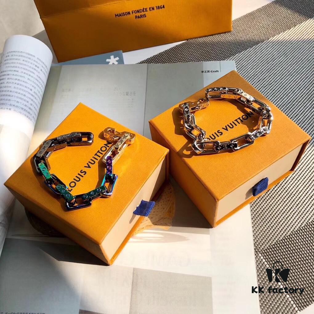 692fccd899f2d84055c89726 LV by Virgil Abloh Monogram Limited Edition Bracelet, Unisex Design, Stainless Steel with Colorful Chain Links and Engraved Logo Detail