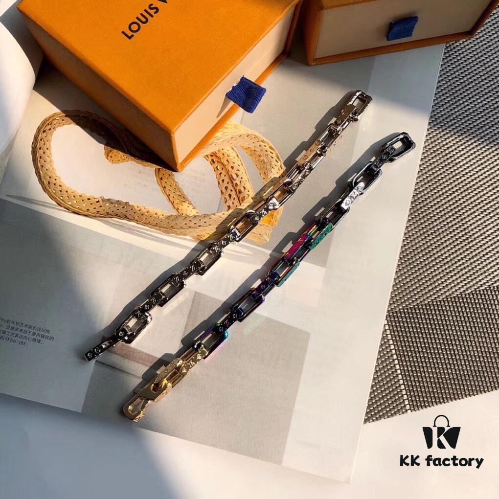 692fccd899f2d84055c89727 LV by Virgil Abloh Monogram Limited Edition Bracelet, Unisex Design, Stainless Steel with Colorful Chain Links and Engraved Logo Detail
