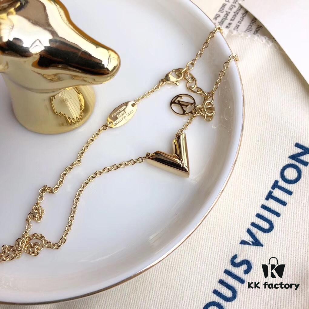 692fcd1099f2d84055c8979a LV Letter Necklace, V-Shaped Polished Pendant in Alloy with 18K Gold Plating, Available in Gold, Silver, and Rose Gold