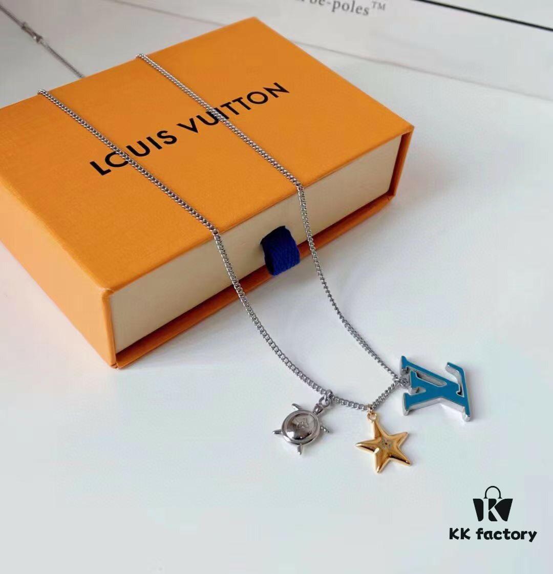 692fce9e99f2d84055c89a8c Original Order Level LV New Enamel Turtle Necklace, Authentic Logo LV Necklace for Men, Multi-Pendant Blue LV Letter Necklace 8755095