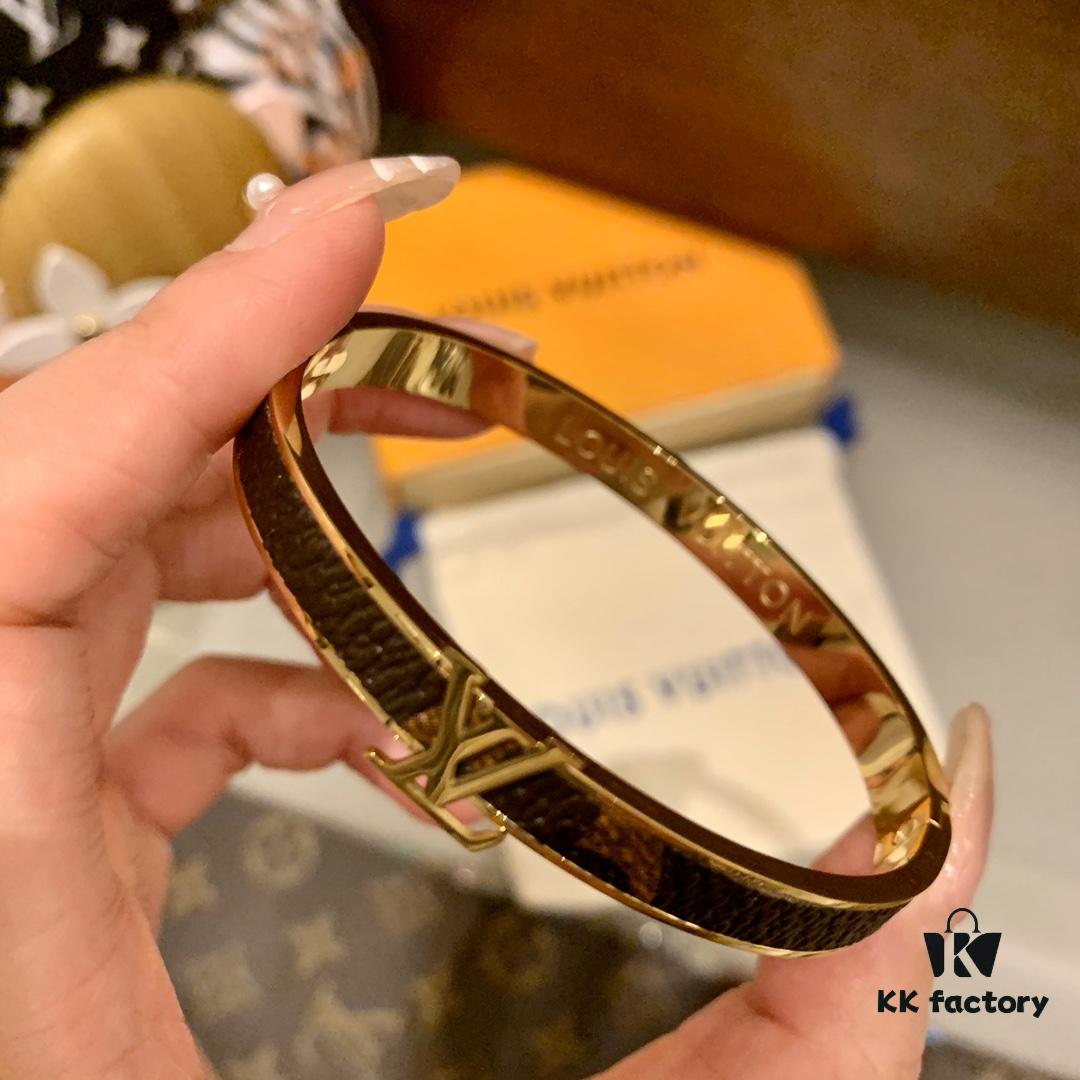 692fcebc99f2d84055c89ac1 LV Monogram Canvas Leather and Calfskin Inlaid Bangle Bracelet