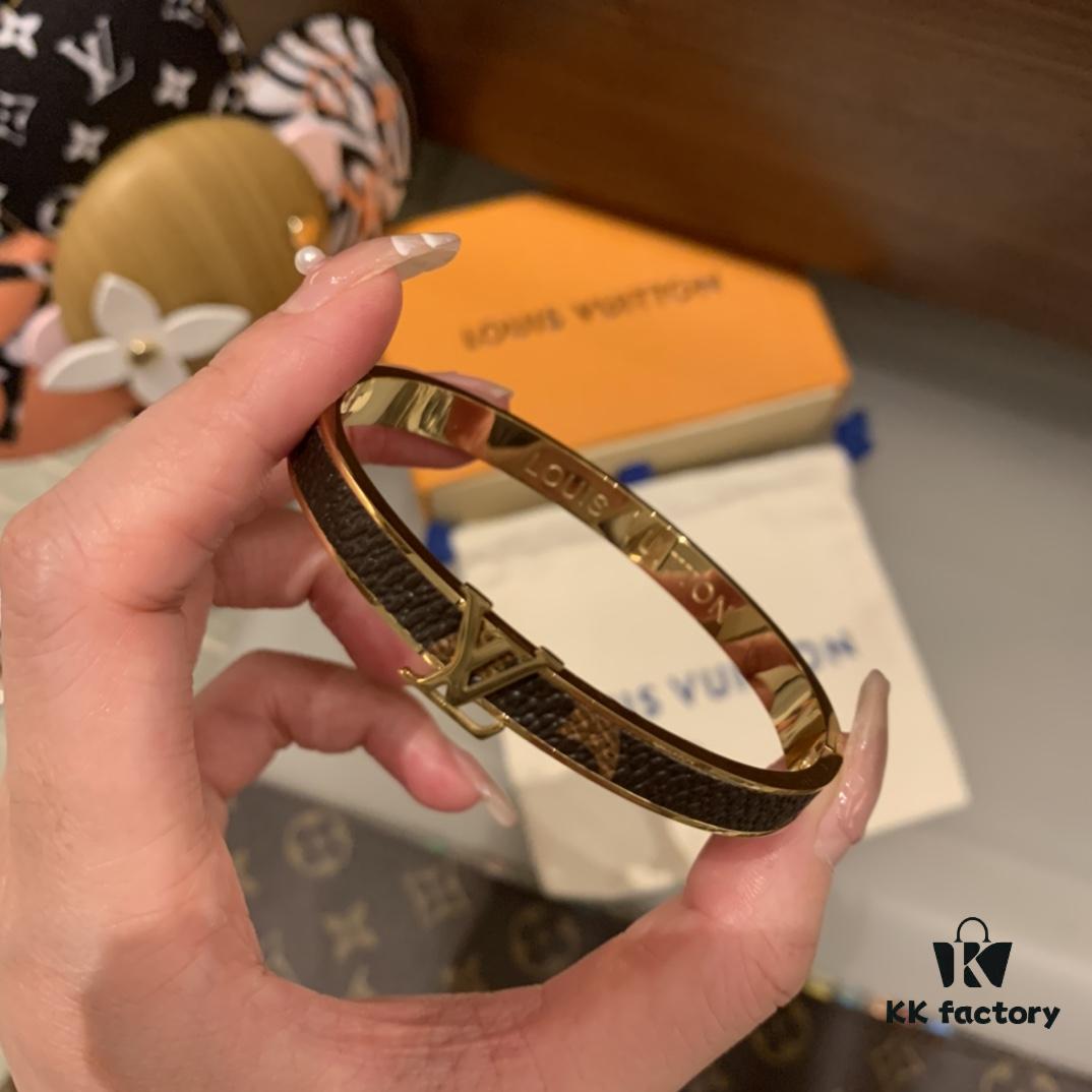 692fcec199f2d84055c89acc LV Monogram Canvas Leather and Calfskin Inlaid Bangle Bracelet
