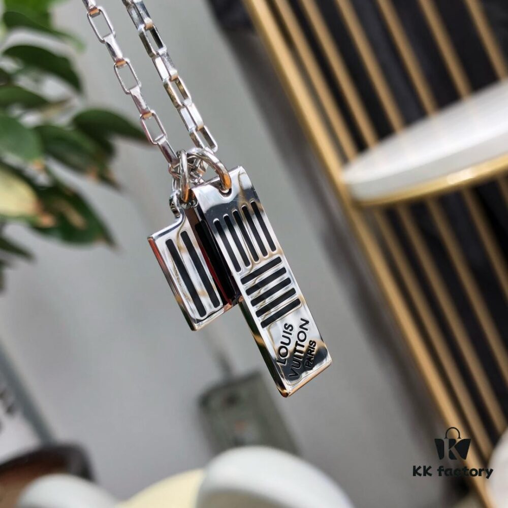 LV New Damier Black Necklace for Men, Elegant Gift Choice with Black Enamel and Palladium Finish