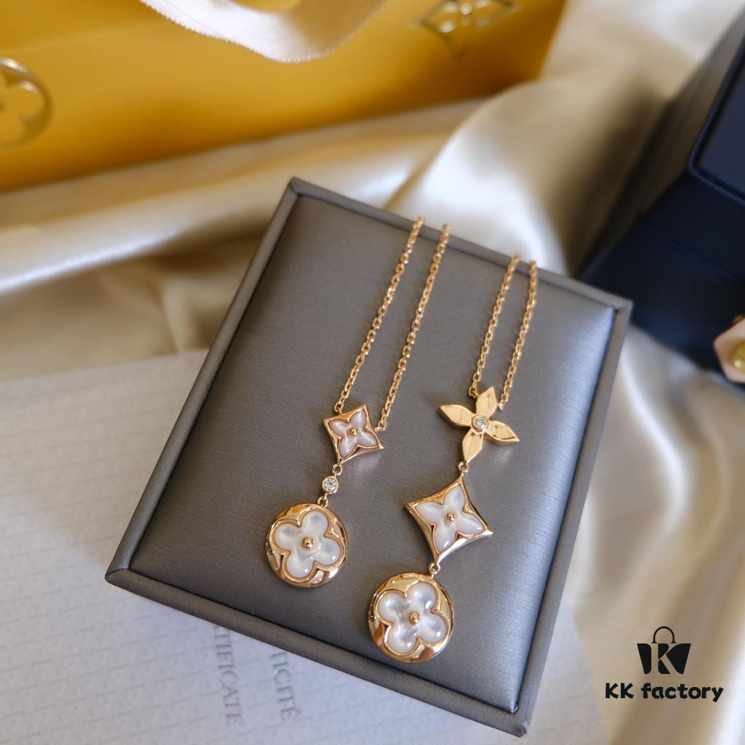 692fcfc699f2d84055c89c98 Exquisite ZP LV Jewelry with Classic Flower Design, White and Pink Mother-of-Pearl Inlay, Accented with a Small Diamond, Made in V Gold with Sterling Silver Chain