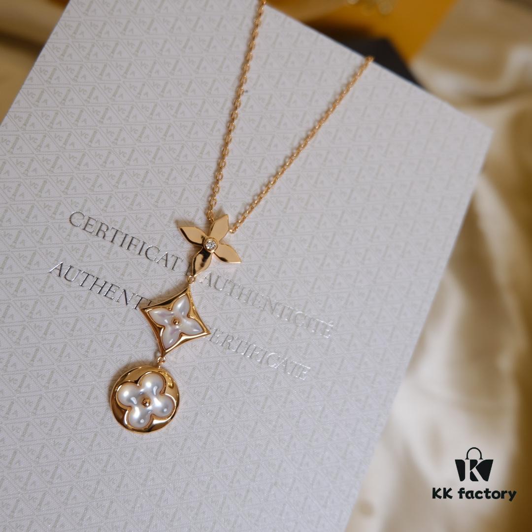 692fcfc899f2d84055c89c9d Exquisite ZP LV Jewelry with Classic Flower Design, White and Pink Mother-of-Pearl Inlay, Accented with a Small Diamond, Made in V Gold with Sterling Silver Chain