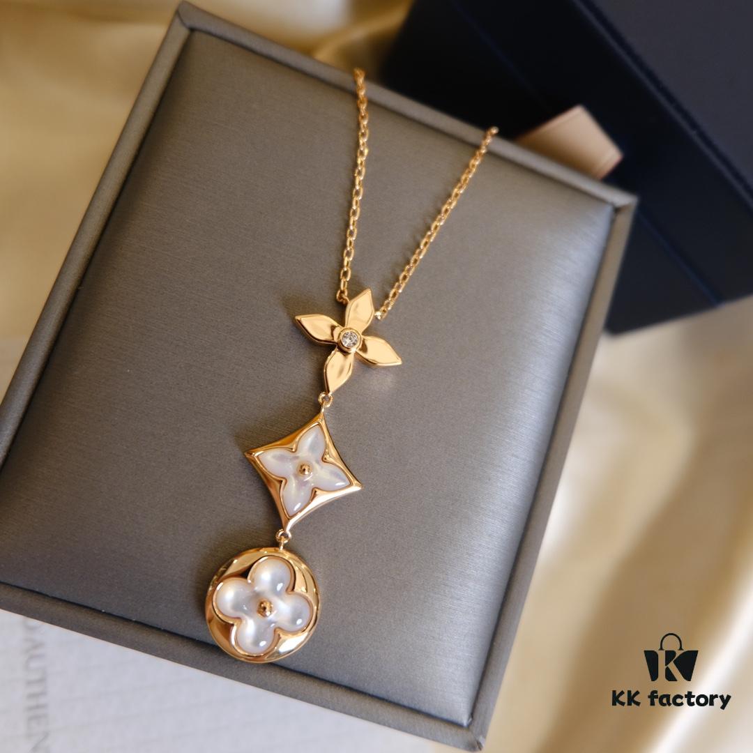 692fcfca99f2d84055c89ca0 Exquisite ZP LV Jewelry with Classic Flower Design, White and Pink Mother-of-Pearl Inlay, Accented with a Small Diamond, Made in V Gold with Sterling Silver Chain