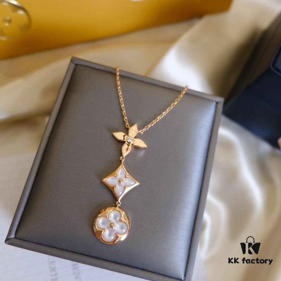 692fcfcb99f2d84055c89ca3 Exquisite ZP LV Jewelry with Classic Flower Design, White and Pink Mother-of-Pearl Inlay, Accented with a Small Diamond, Made in V Gold with Sterling Silver Chain