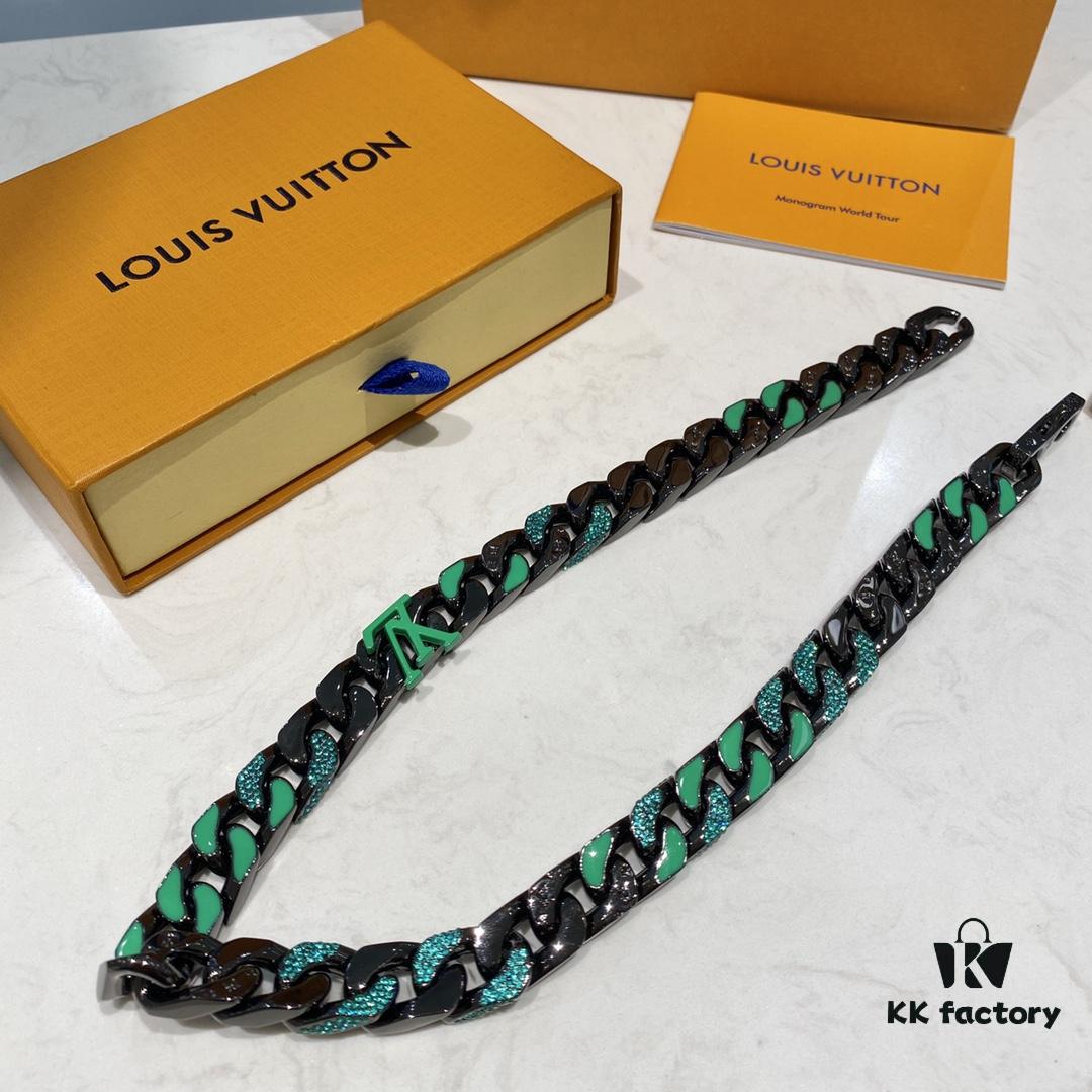692fd00e99f2d84055c89d24 New Arrival: LV Chain Links Patches Cuban Green Colored Diamond Necklace for Men