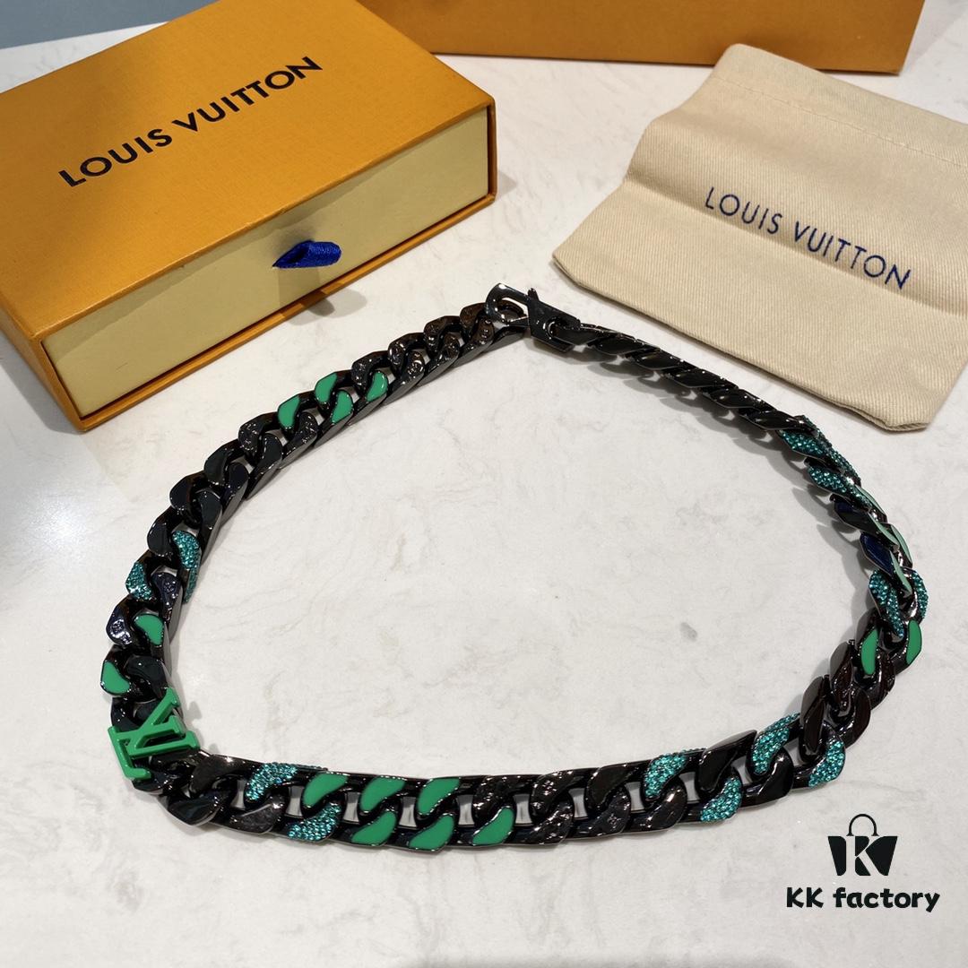 692fd01199f2d84055c89d2a New Arrival: LV Chain Links Patches Cuban Green Colored Diamond Necklace for Men