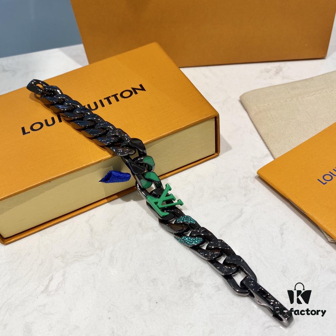 692fd01599f2d84055c89d31 New Arrival~LV Men's Bracelet CHAIN LINKS PATCHES Cuban Green Colorful Crystal Bracelet 21cm
