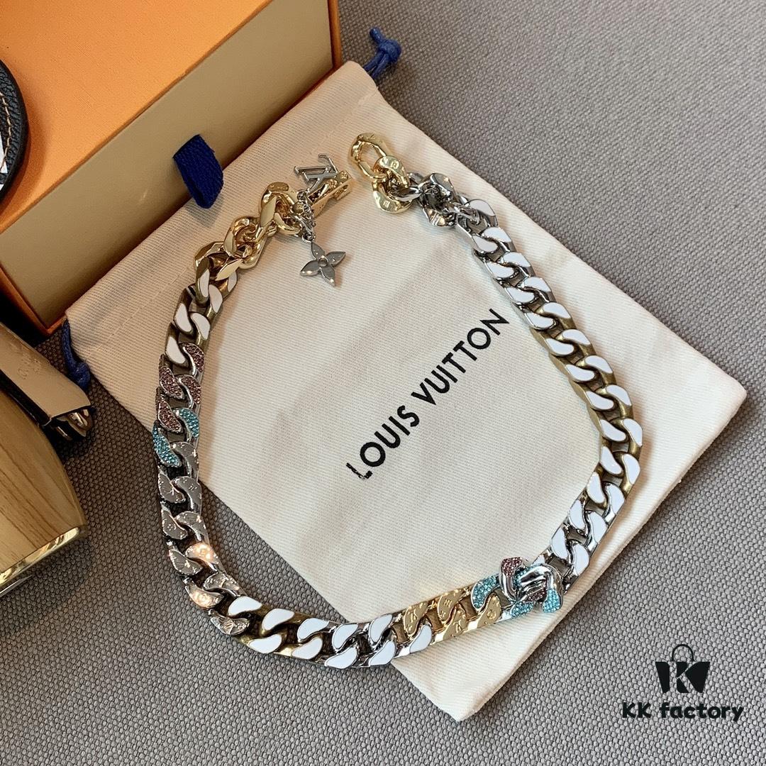LV 20205S Enamel Necklace/Bracelet Unisex Cuban Link Chain with L and V Interlocking Design and Monogram Pattern
