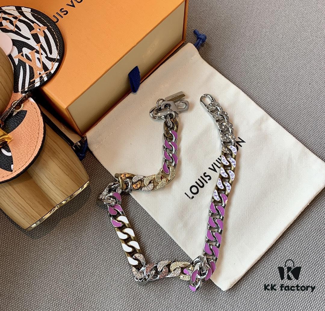 692fd02399f2d84055c89d49 LV 20205S Enamel Necklace/Bracelet Unisex Cuban Link Chain with L&V Logo and Monogram Pattern