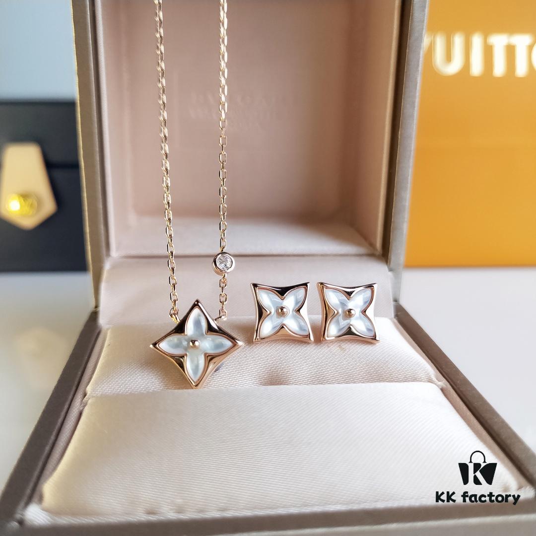 LV Diamond-Pattern Natural White Mother-of-Pearl Pendant Necklace