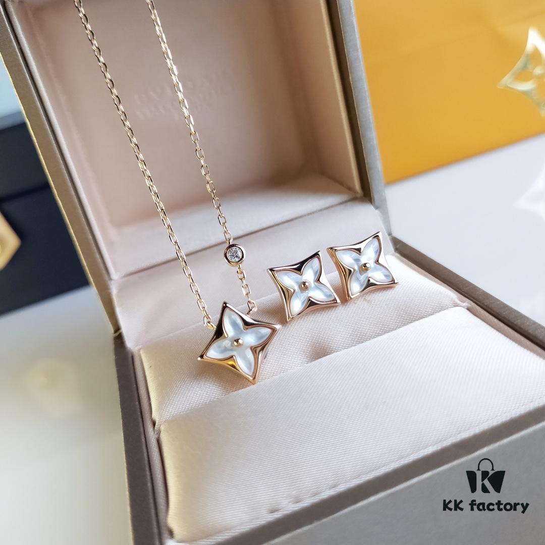 LV Diamond-Pattern Natural White Mother-of-Pearl Pendant Necklace