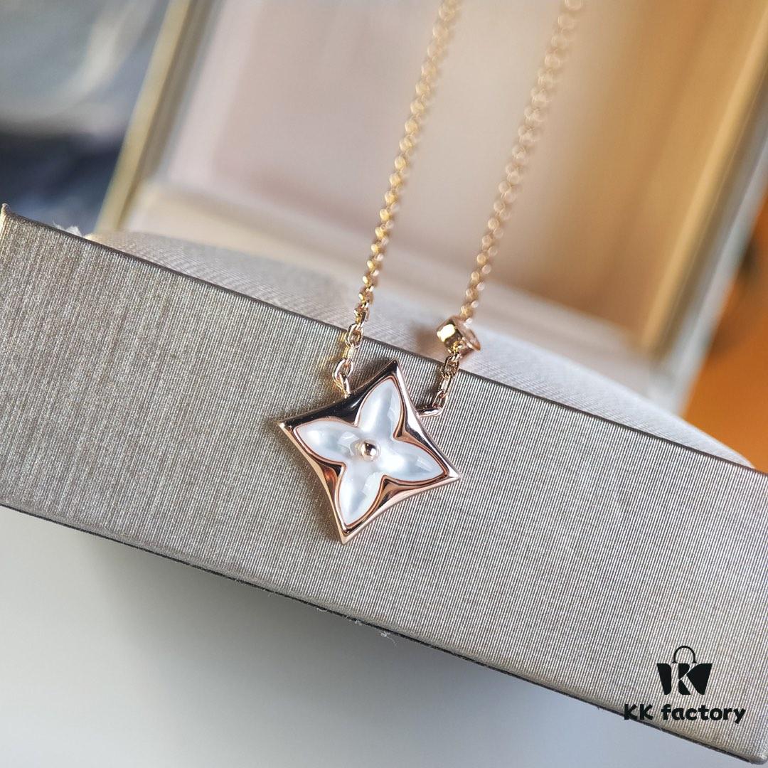 LV Diamond-Pattern Natural White Mother-of-Pearl Pendant Necklace