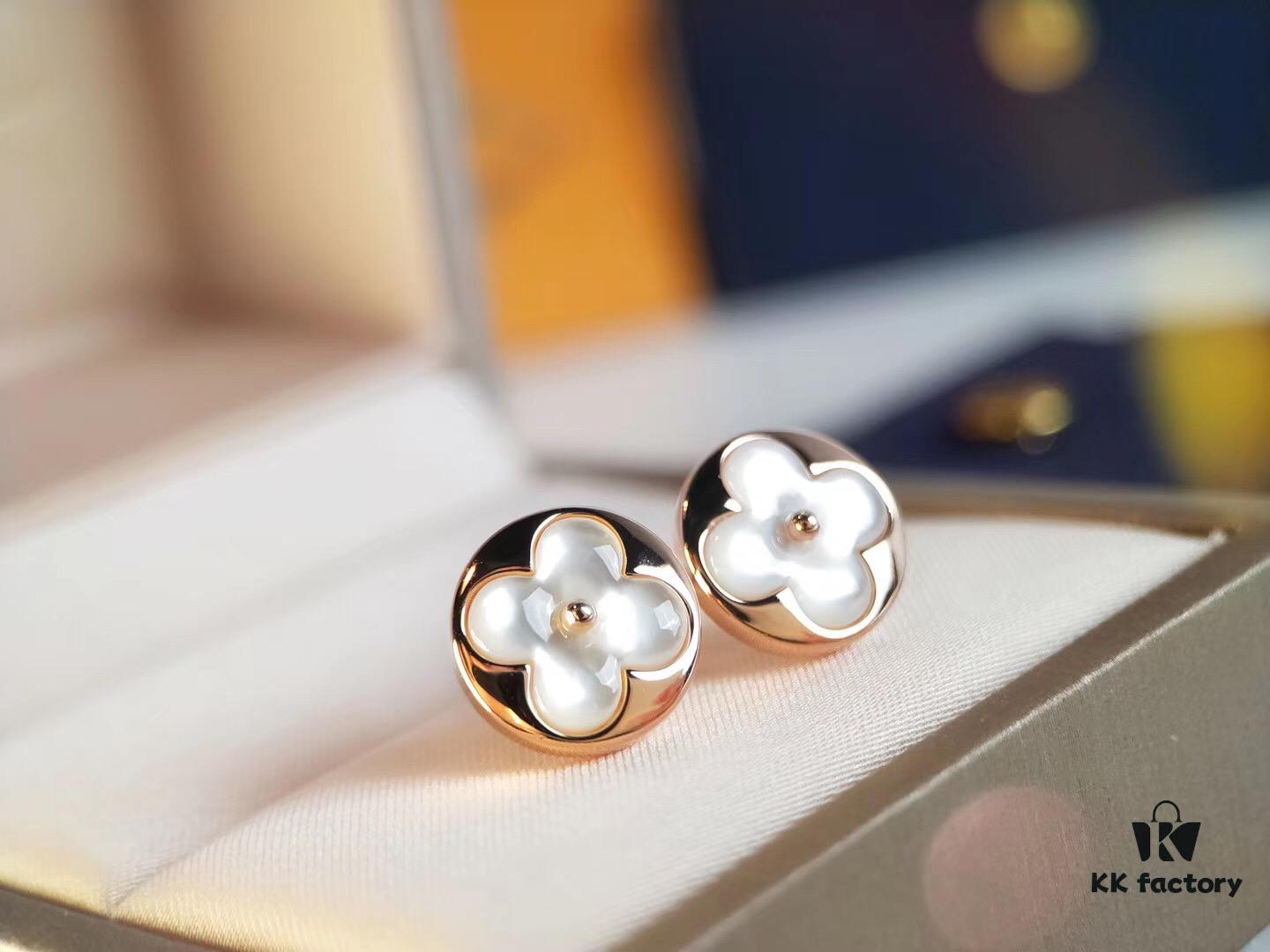 Classic Round LV Monogram White Mother-of-Pearl Stud Earrings