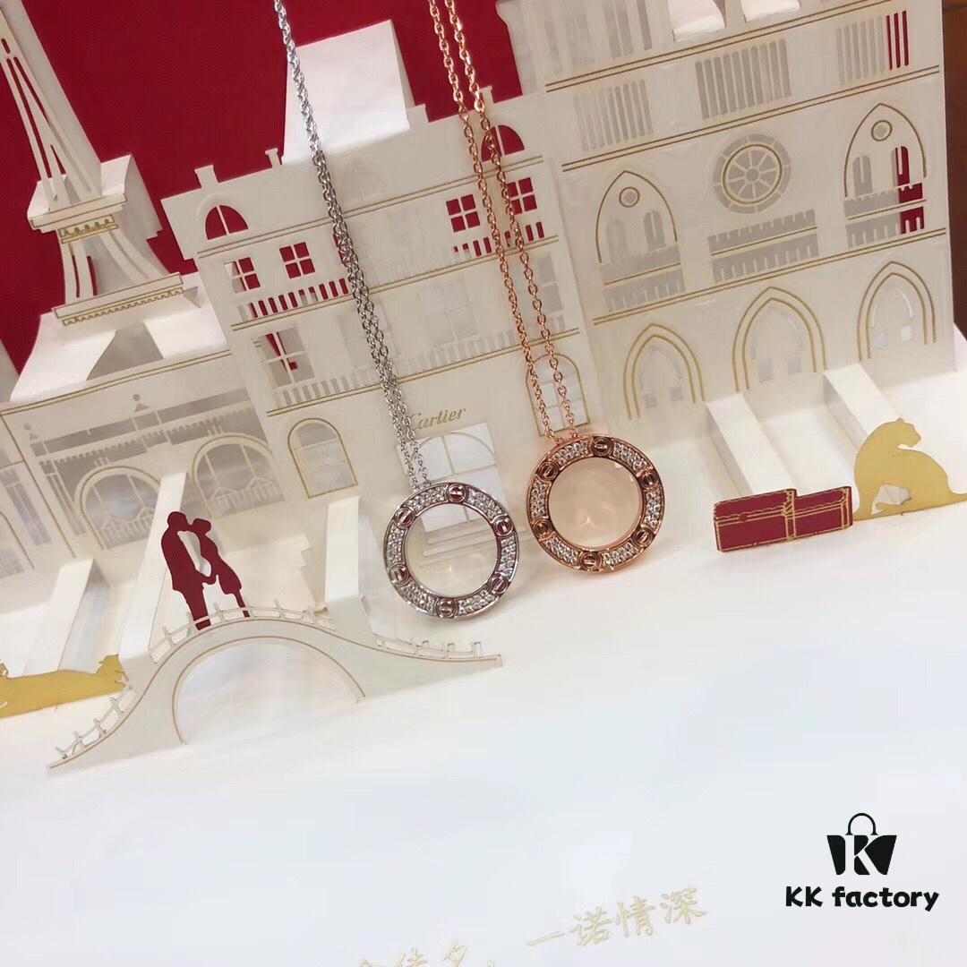 692fd19f99f2d84055c8a012 Bestseller New Arrival CARTIER Love Series Diamond-Paved Round Necklace in White Gold and Rose Gold