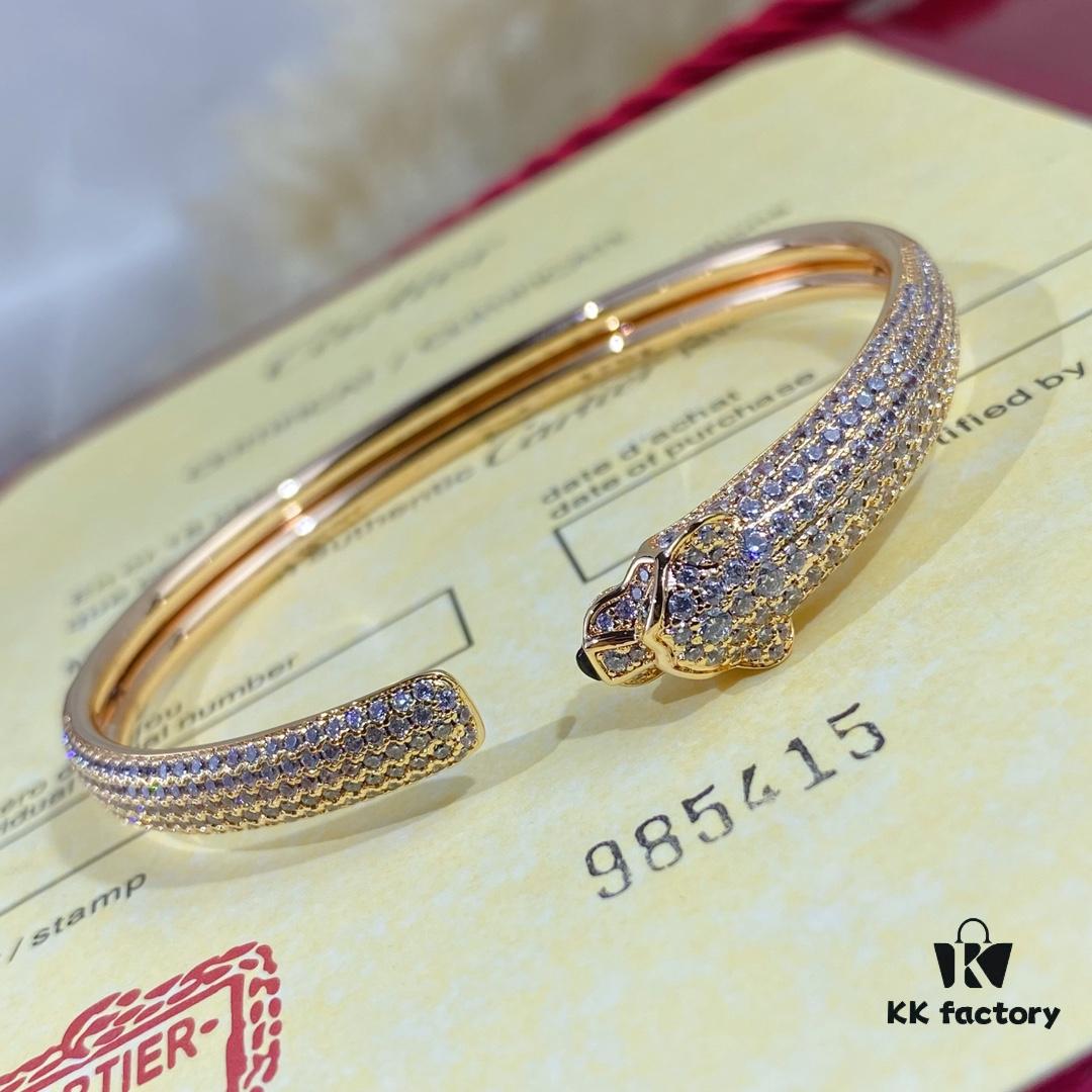 692fd1f099f2d84055c8a0ea New Arrival V Gold Plated with Mimi Gold CNC Hand-Set Diamond Cartier Style Slim Half-Pave Panther Bracelet, Size 16.17