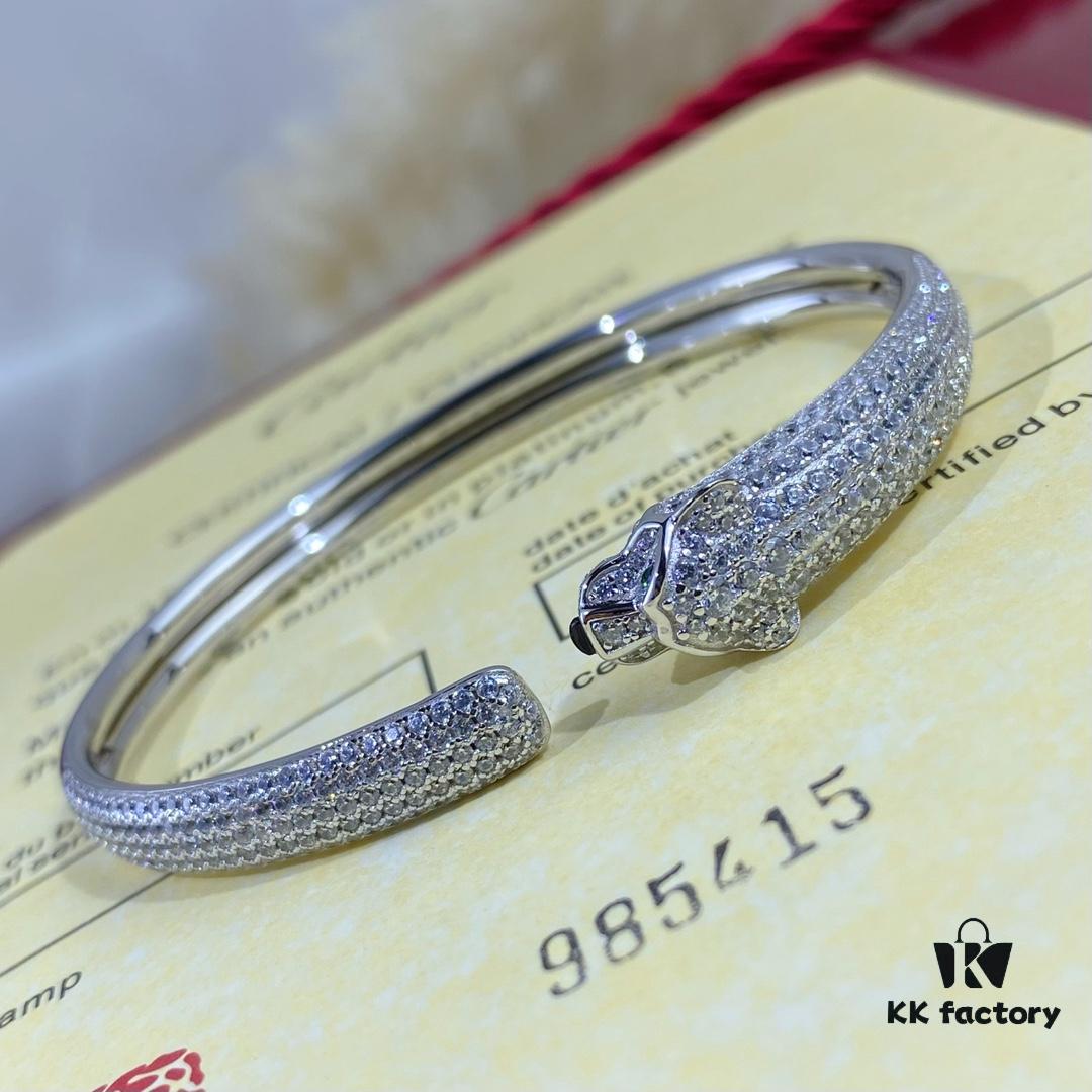 692fd1f199f2d84055c8a0ec New Arrival V Gold Plated with Mimi Gold CNC Hand-Set Diamond Cartier Style Slim Half-Pave Panther Bracelet, Size 16.17
