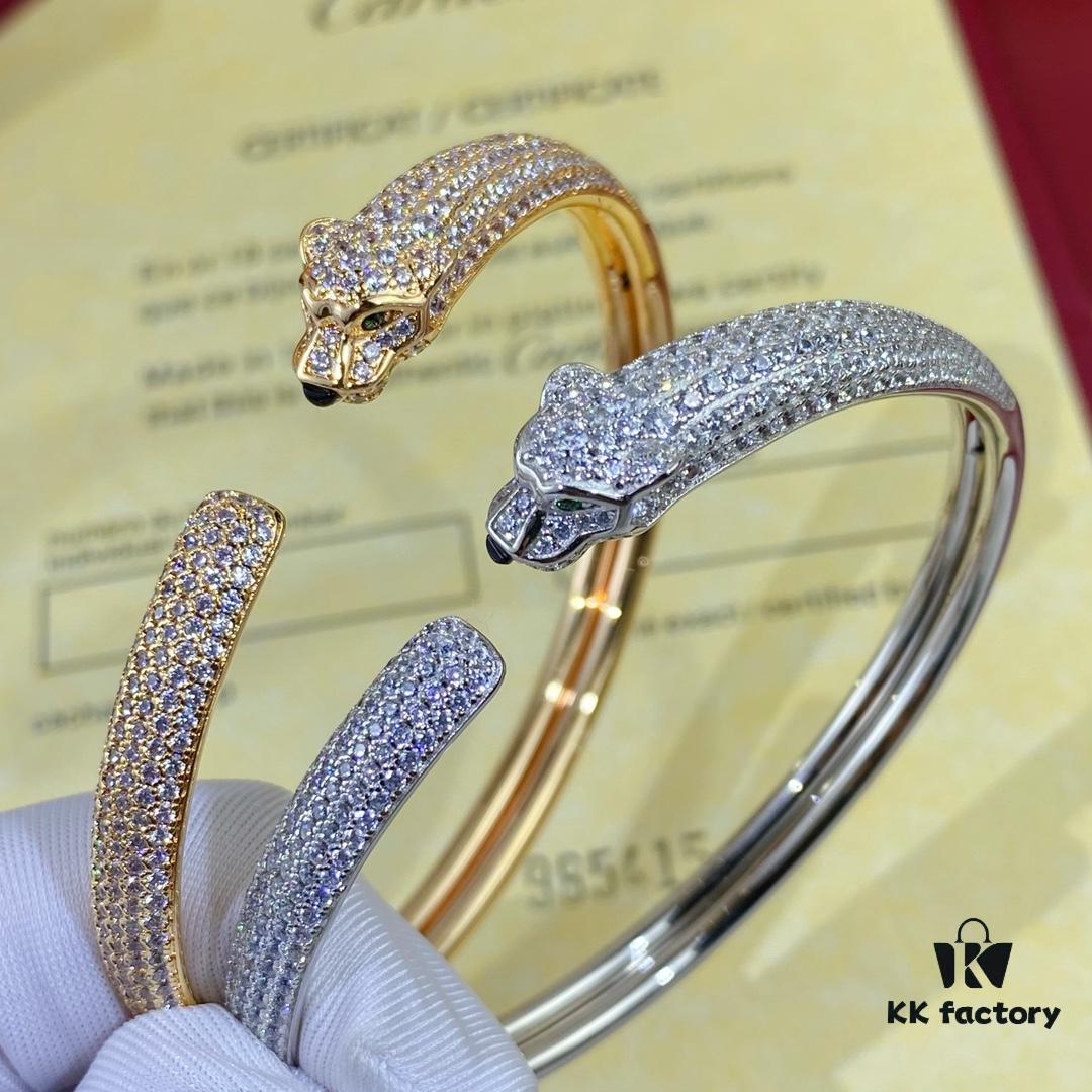 692fd1f199f2d84055c8a0ee New Arrival V Gold Plated with Mimi Gold CNC Hand-Set Diamond Cartier Style Slim Half-Pave Panther Bracelet, Size 16.17