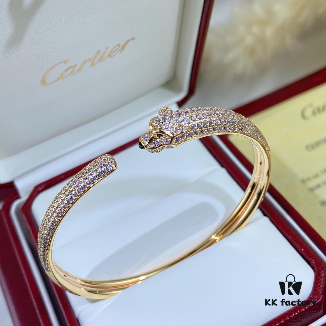 692fd1f299f2d84055c8a0ef New Arrival V Gold Plated with Mimi Gold CNC Hand-Set Diamond Cartier Style Slim Half-Pave Panther Bracelet, Size 16.17