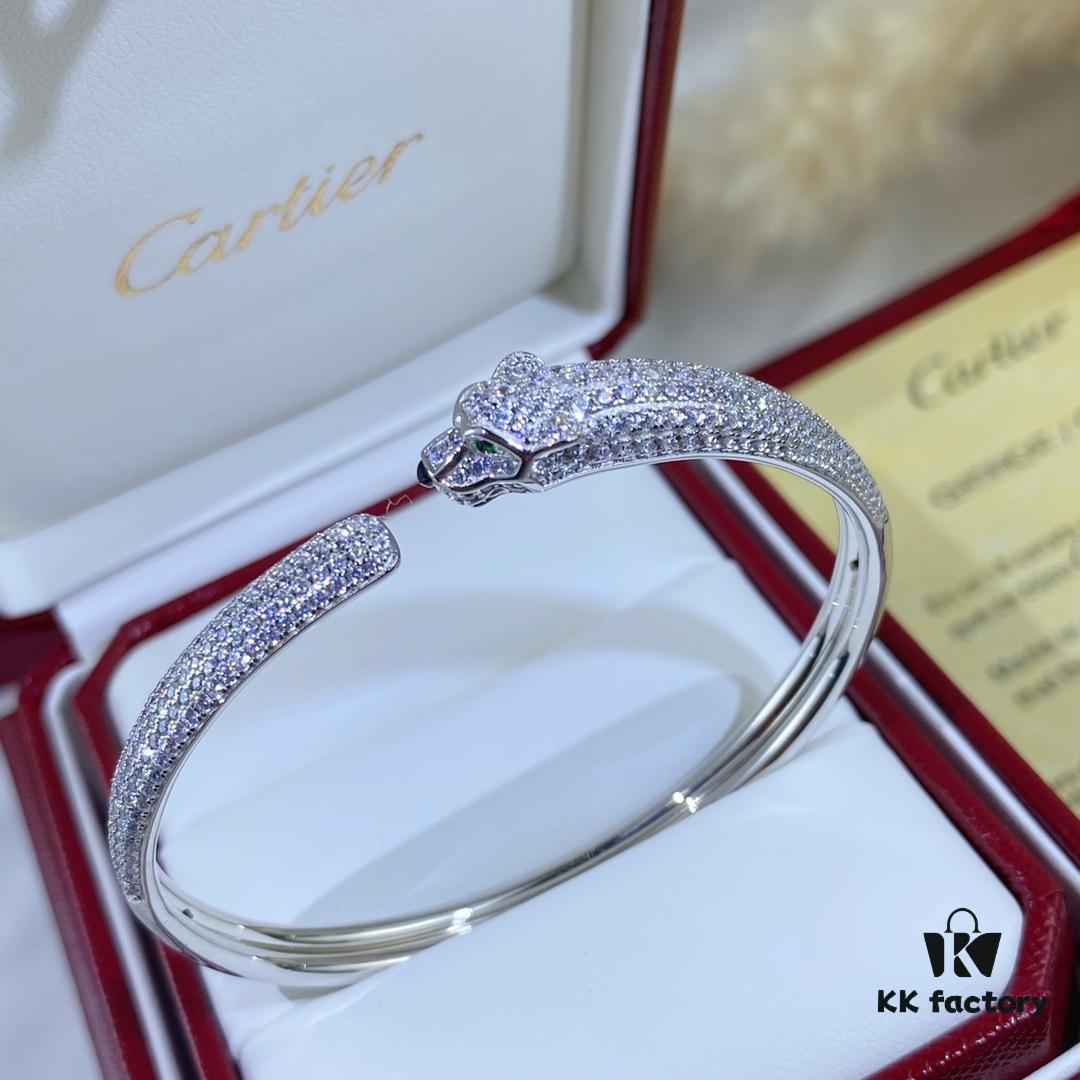 692fd1f299f2d84055c8a0f0 New Arrival V Gold Plated with Mimi Gold CNC Hand-Set Diamond Cartier Style Slim Half-Pave Panther Bracelet, Size 16.17