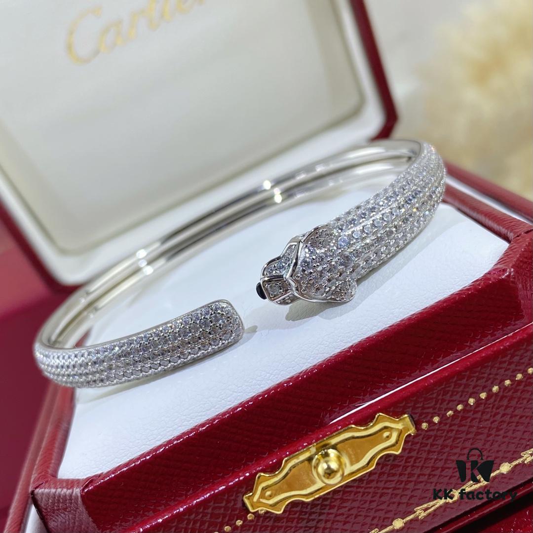 692fd1f399f2d84055c8a0f2 New Arrival V Gold Plated with Mimi Gold CNC Hand-Set Diamond Cartier Style Slim Half-Pave Panther Bracelet, Size 16.17