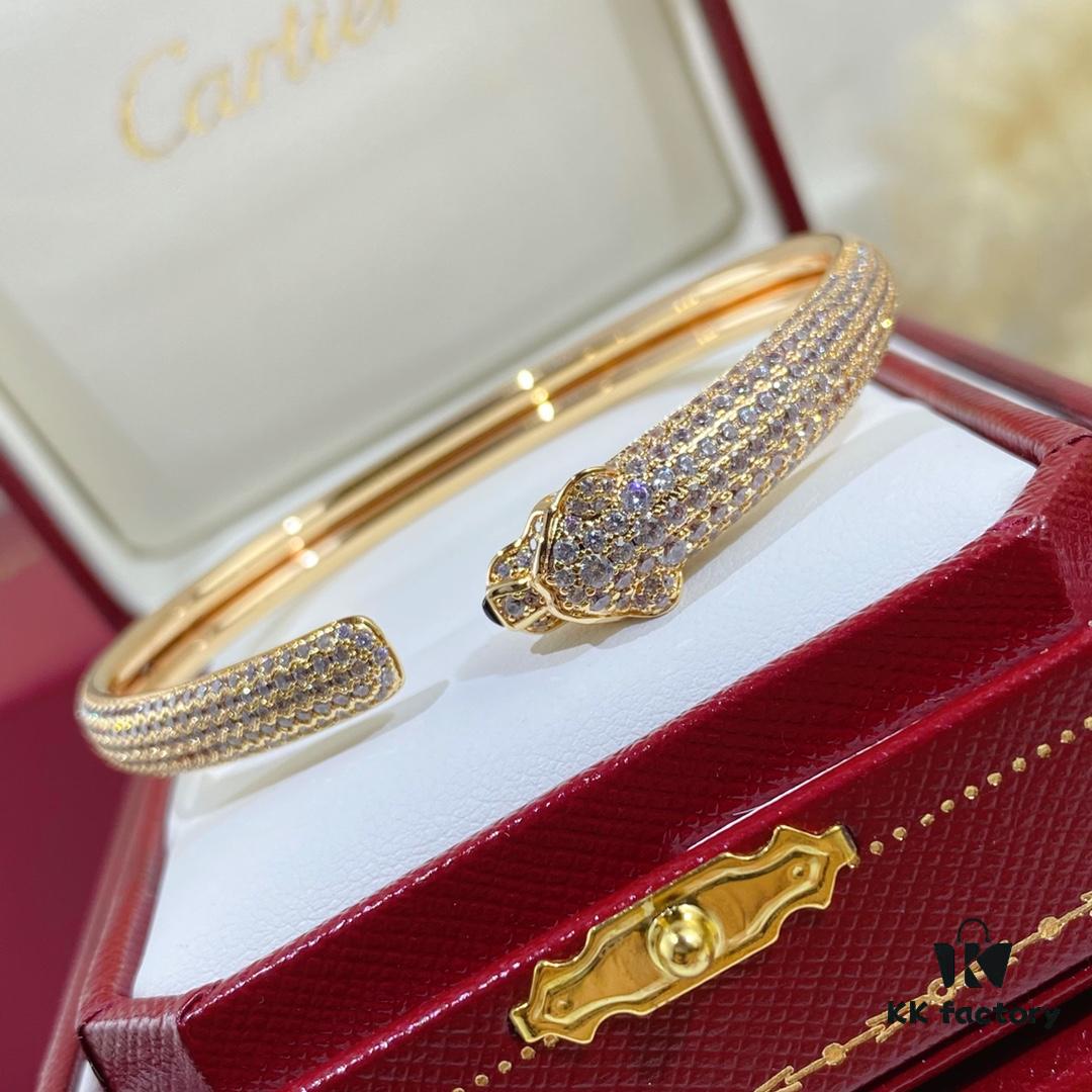 692fd1fe99f2d84055c8a112 New Arrival V Gold Plated with Mimi Gold CNC Hand-Set Diamond Cartier Style Slim Half-Pave Panther Bracelet, Size 16.17