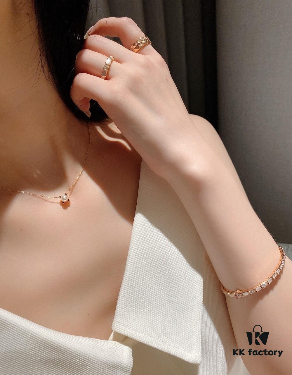 692fd2bd99f2d84055c8a278 Cartier Love Pearl Necklace and Stud Earrings, Chanel Coco Crush Mini Narrow Ring, BV Snake Bone Mother-of-Pearl Diamond Ring