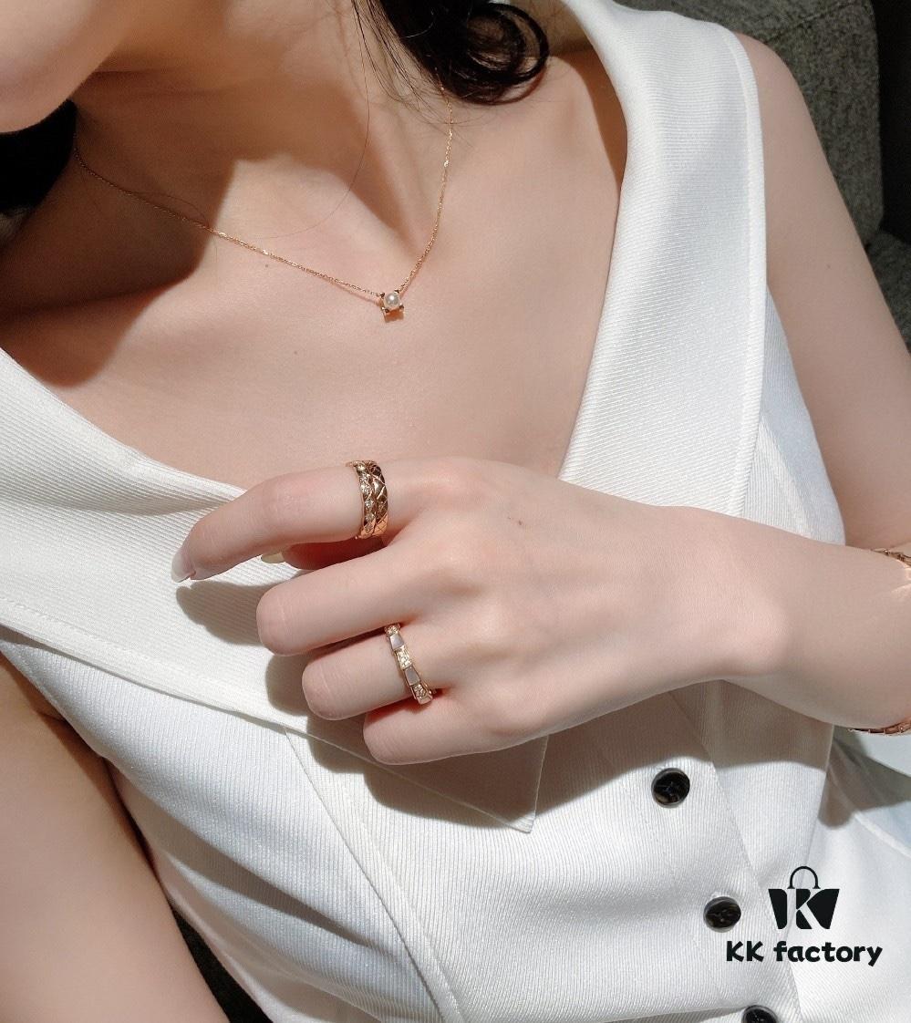 692fd2bf99f2d84055c8a27b Cartier Love Pearl Necklace and Stud Earrings, Chanel Coco Crush Mini Narrow Ring, BV Snake Bone Mother-of-Pearl Diamond Ring