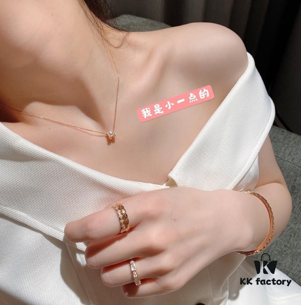 692fd2bf99f2d84055c8a27c Cartier Love Pearl Necklace and Stud Earrings, Chanel Coco Crush Mini Narrow Ring, BV Snake Bone Mother-of-Pearl Diamond Ring