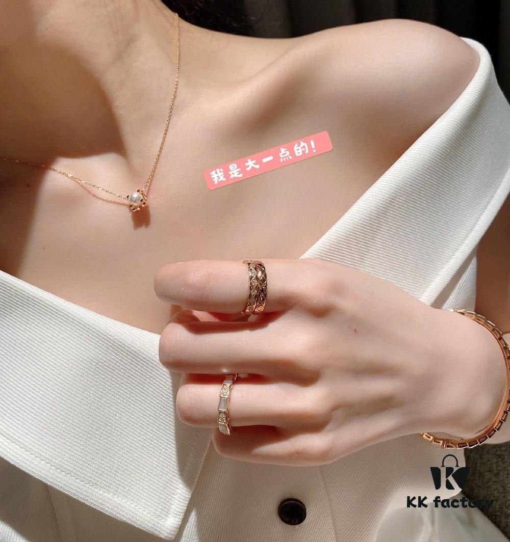 692fd2c199f2d84055c8a27f Cartier Love Pearl Necklace and Stud Earrings, Chanel Coco Crush Mini Narrow Ring, BV Snake Bone Mother-of-Pearl Diamond Ring