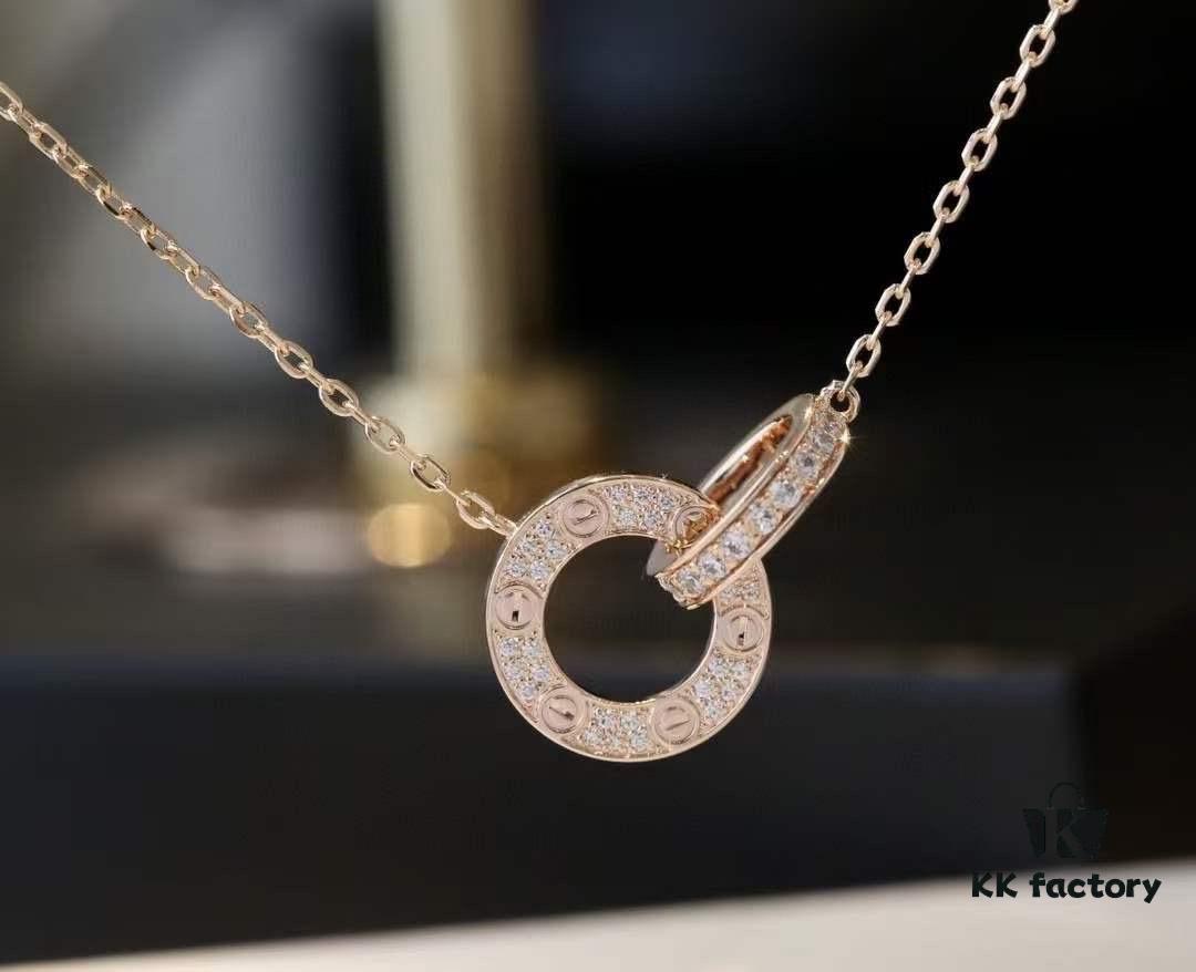 692fd31299f2d84055c8a308 Valentine's Gift 🎁 Cartier Rose Gold Double Ring Full Diamond Round Pendant Necklace