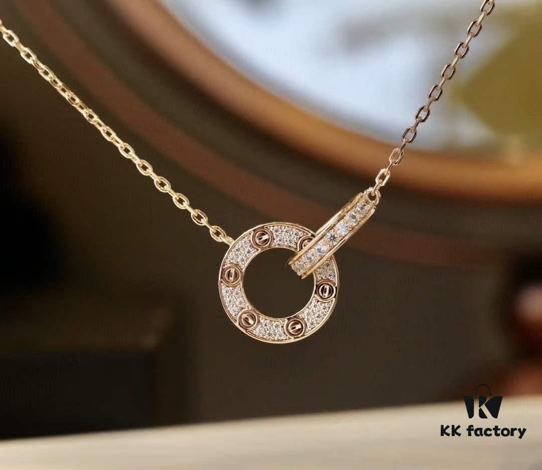 692fd31299f2d84055c8a309 Valentine's Gift 🎁 Cartier Rose Gold Double Ring Full Diamond Round Pendant Necklace