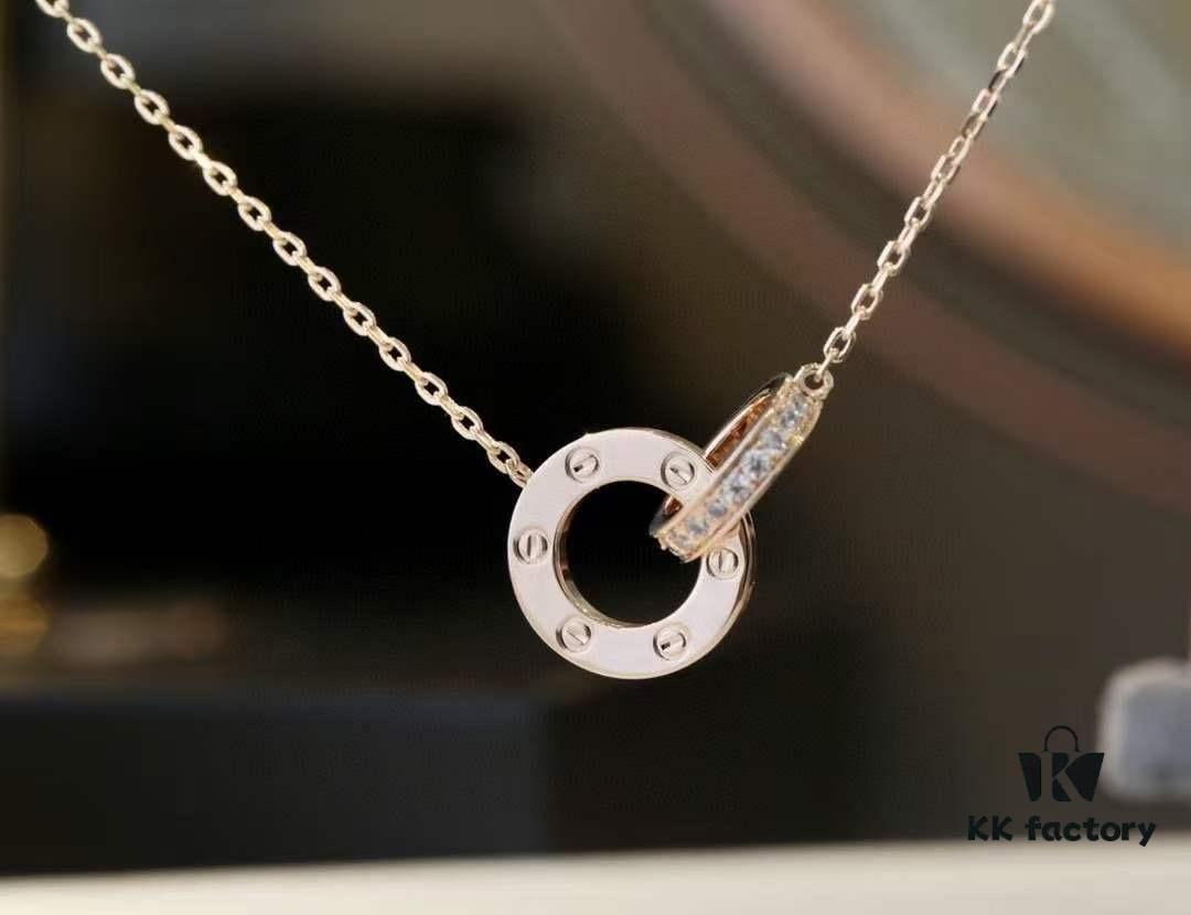 692fd31499f2d84055c8a30f Valentine's Gift 🎁 Cartier Rose Gold Double Ring Full Diamond Round Pendant Necklace