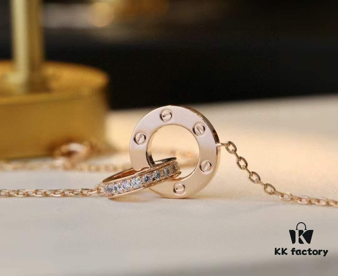 692fd31599f2d84055c8a311 Valentine's Gift 🎁 Cartier Rose Gold Double Ring Full Diamond Round Pendant Necklace