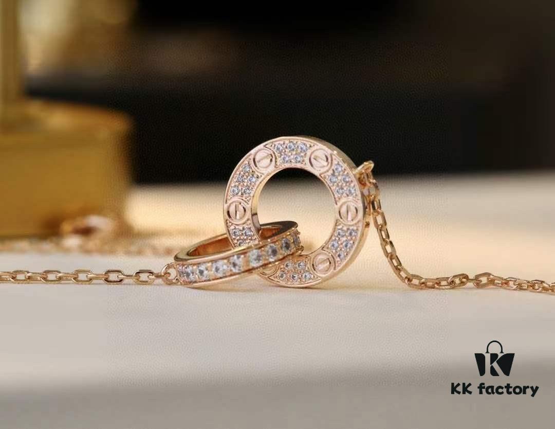 692fd31699f2d84055c8a314 Valentine's Gift 🎁 Cartier Rose Gold Double Ring Full Diamond Round Pendant Necklace