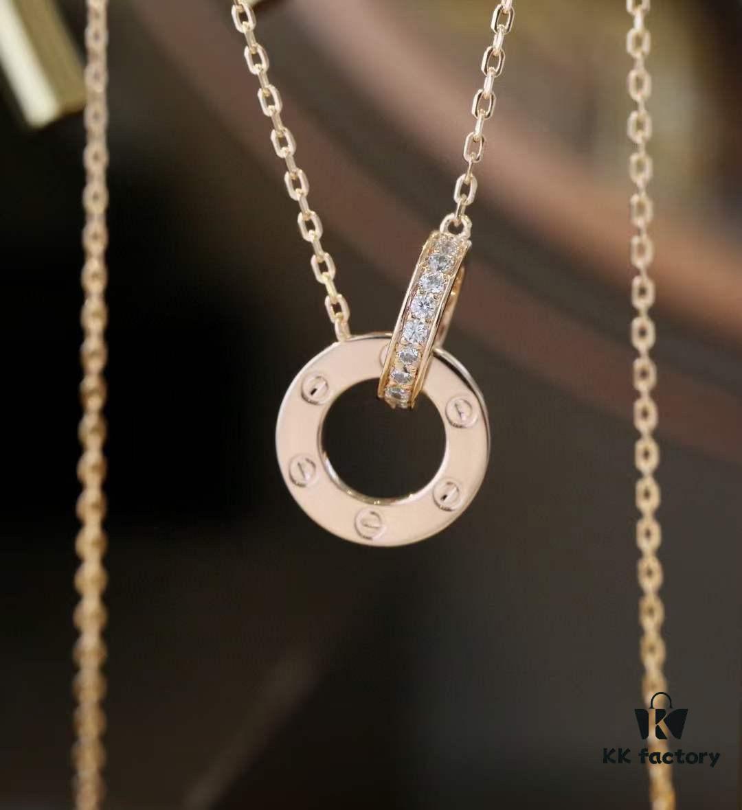692fd31899f2d84055c8a315 Valentine's Gift 🎁 Cartier Rose Gold Double Ring Full Diamond Round Pendant Necklace