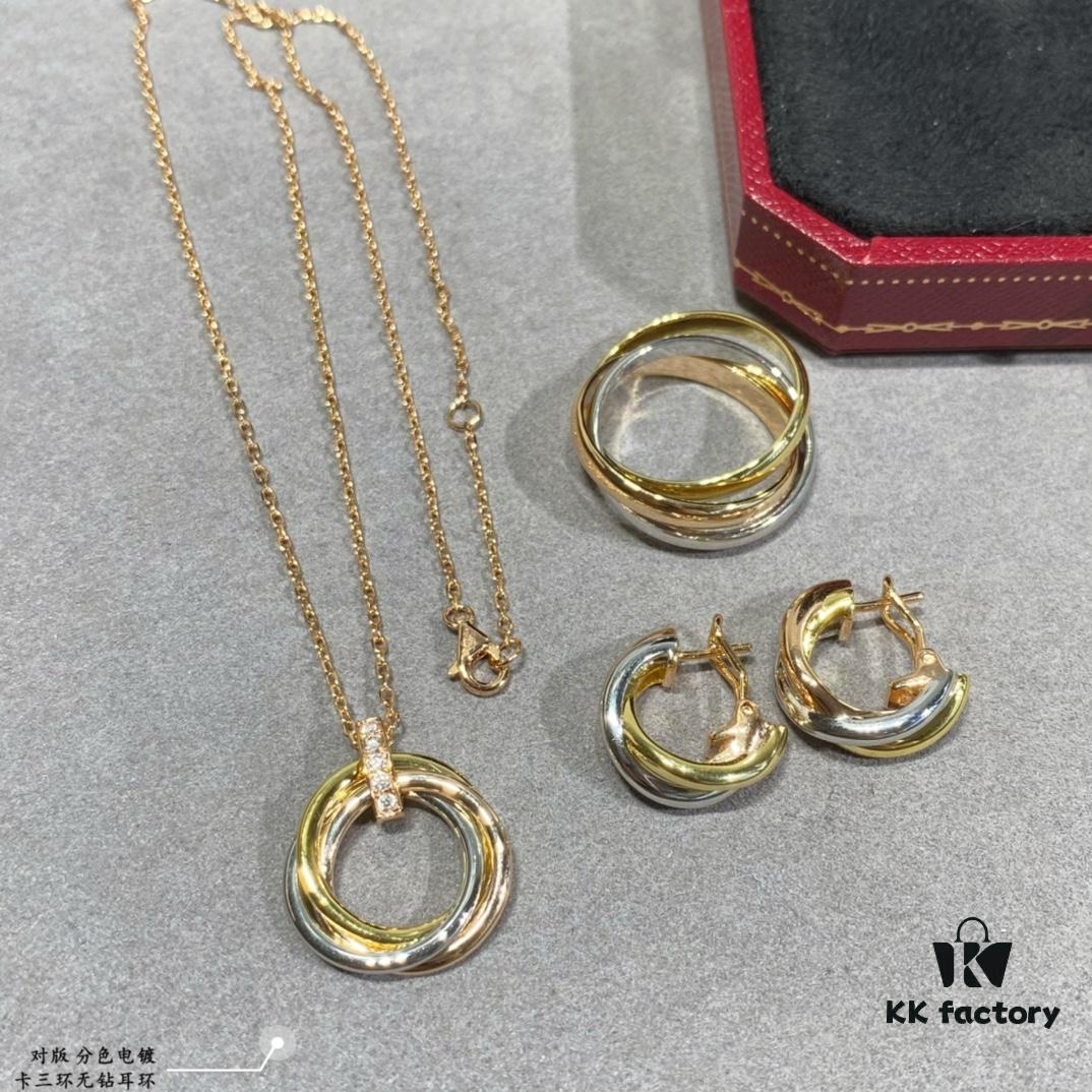 692fd35c99f2d84055c8a377 Color-Split Plating Cartier Trinity Triple Ring Diamond-Free Earrings, Another Classic Piece Perfectly Embodies Symmetrical Elegance and Grace, Highly Comfortable to Wear and Resistant to Snagging