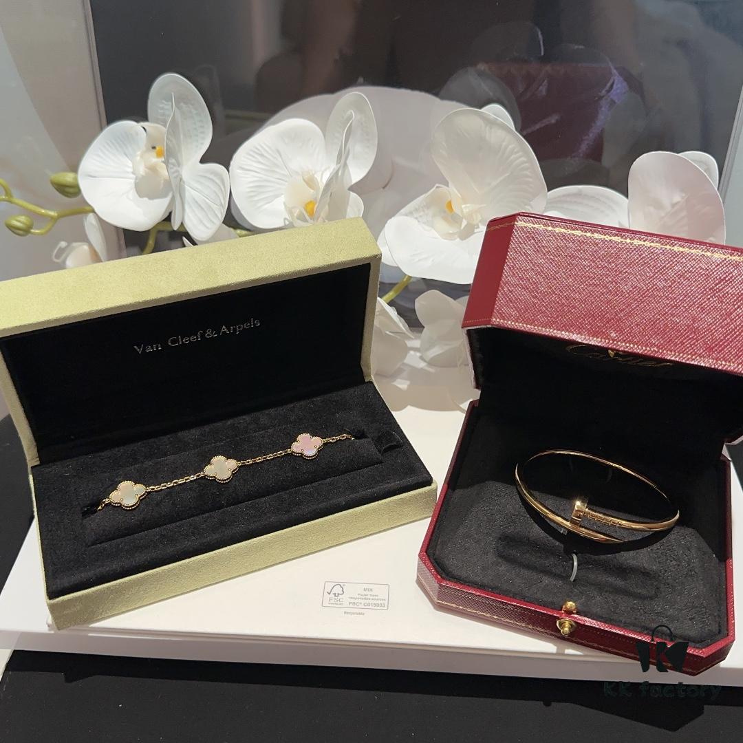 692fd4fe99f2d84055c8a5f4 Versatile Top-Tier Jewelry: VCA-Inspired Five-Petal White Mother-of-Pearl Bracelet and Cartier-Style Nailed Polished Gold Bangle, Thick 18K Gold Plated with Natural White Mother-of-Pearl