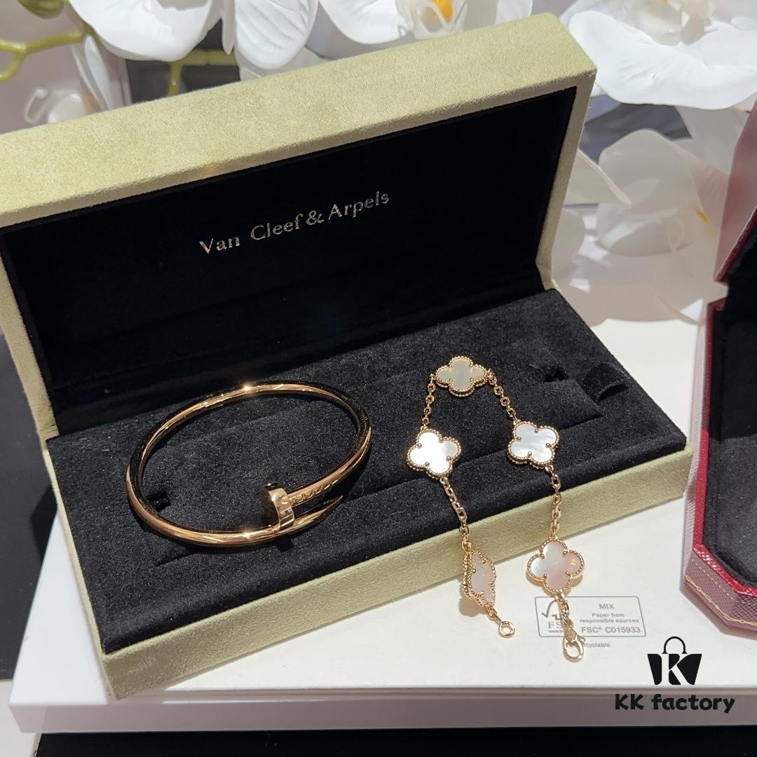 692fd4fe99f2d84055c8a5f5 Versatile Top-Tier Jewelry: VCA-Inspired Five-Petal White Mother-of-Pearl Bracelet and Cartier-Style Nailed Polished Gold Bangle, Thick 18K Gold Plated with Natural White Mother-of-Pearl